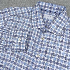Eton Shirt Mens Size 46 18 2XL Blue Plaid Check Contemporary Long Sleeve Dress